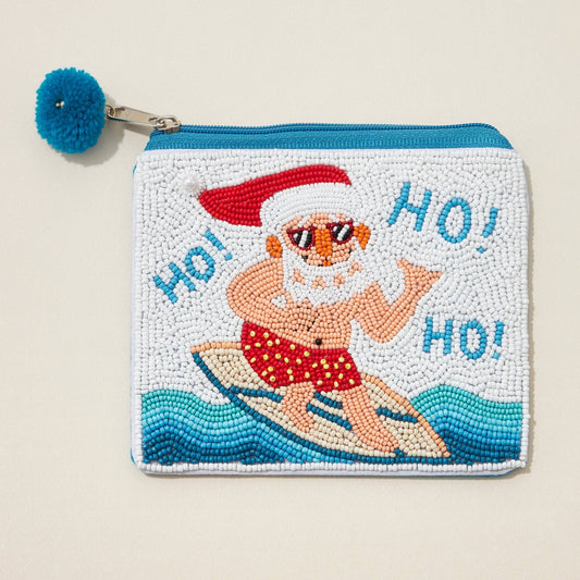 Surfing Santa Seed Bead Canvas Pouch