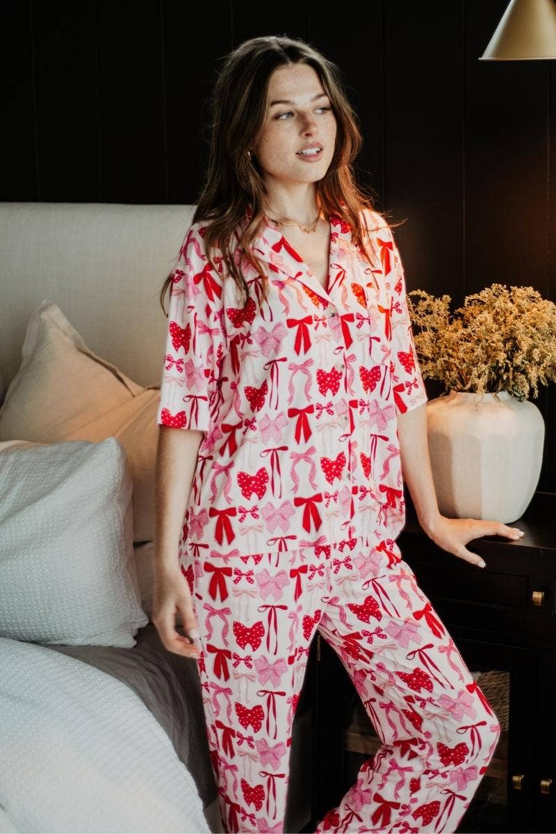 Pink & Red Coquette Bows Christmas Pajama Pants Set
