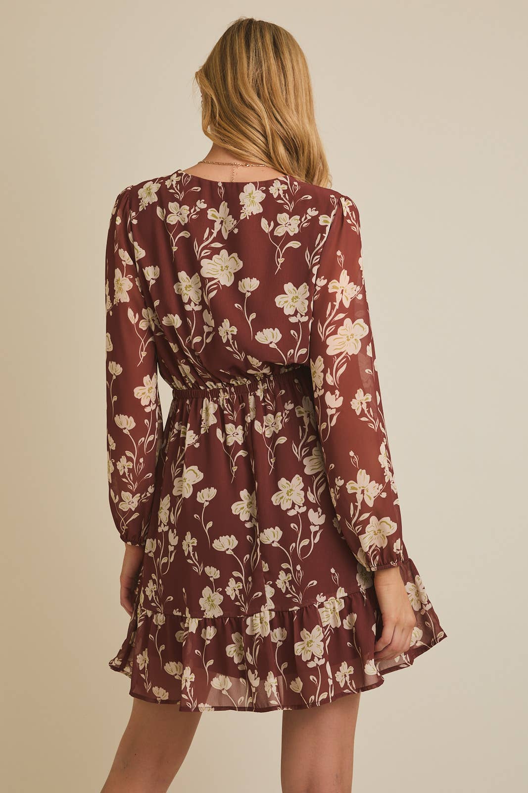 Rust + Cream Floral Front Tie Long Sleeve Dress