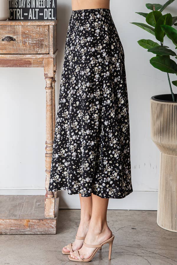 Black Ditsy Floral Midi Skirt