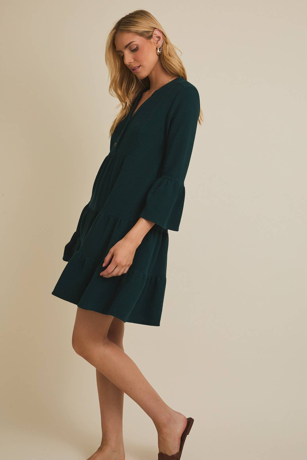 Hunter Green Tiered Button Up Mini Dress