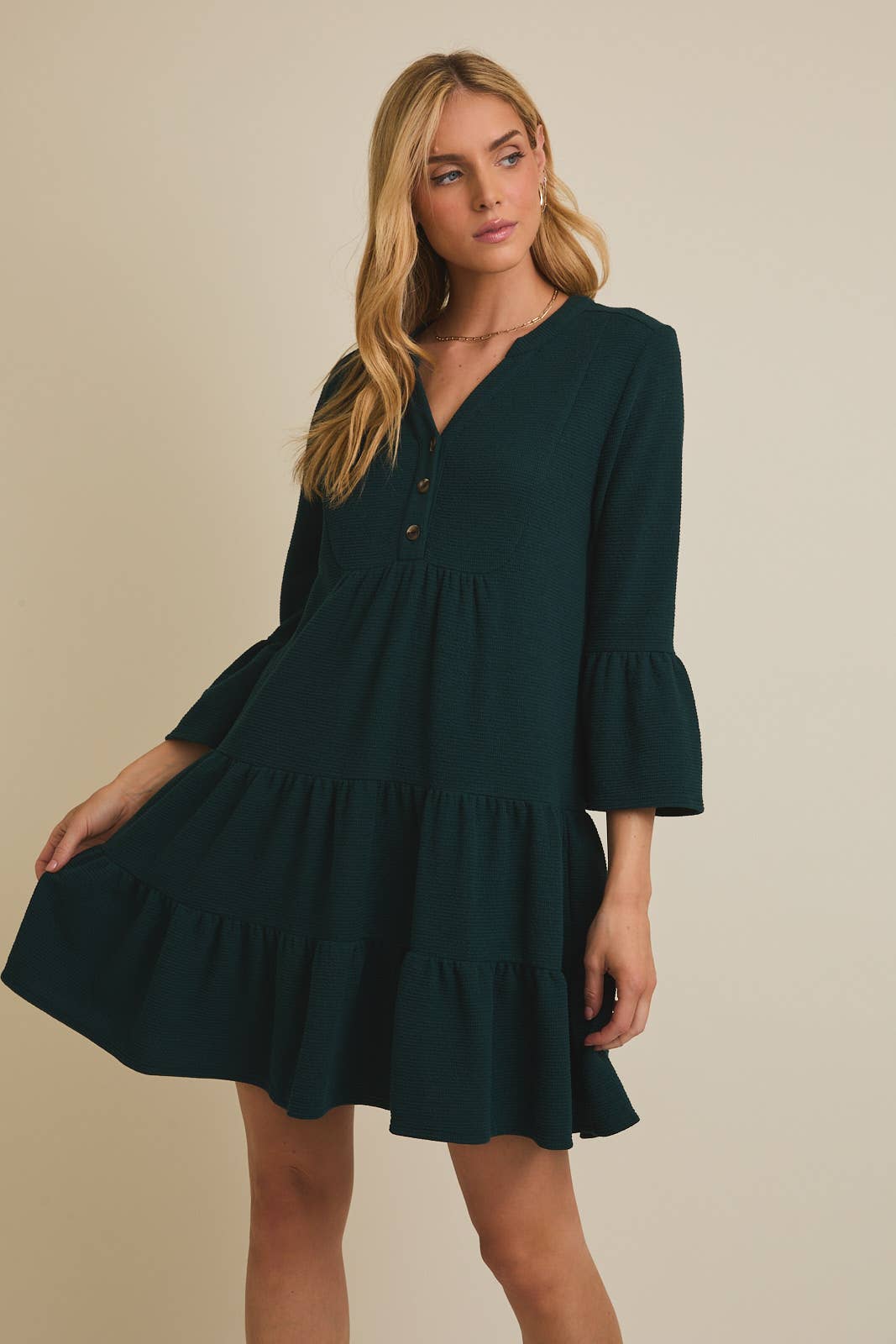 Hunter Green Tiered Button Up Mini Dress