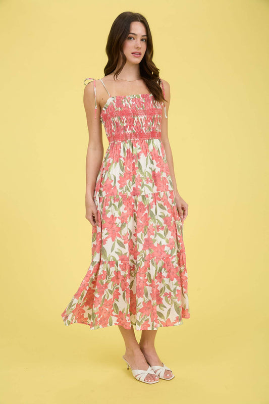 Floral Smocked Spaghetti Tie Tiered Midi Dress – Red