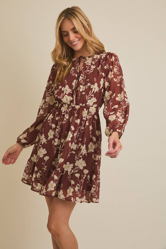 Rust + Cream Floral Front Tie Long Sleeve Dress