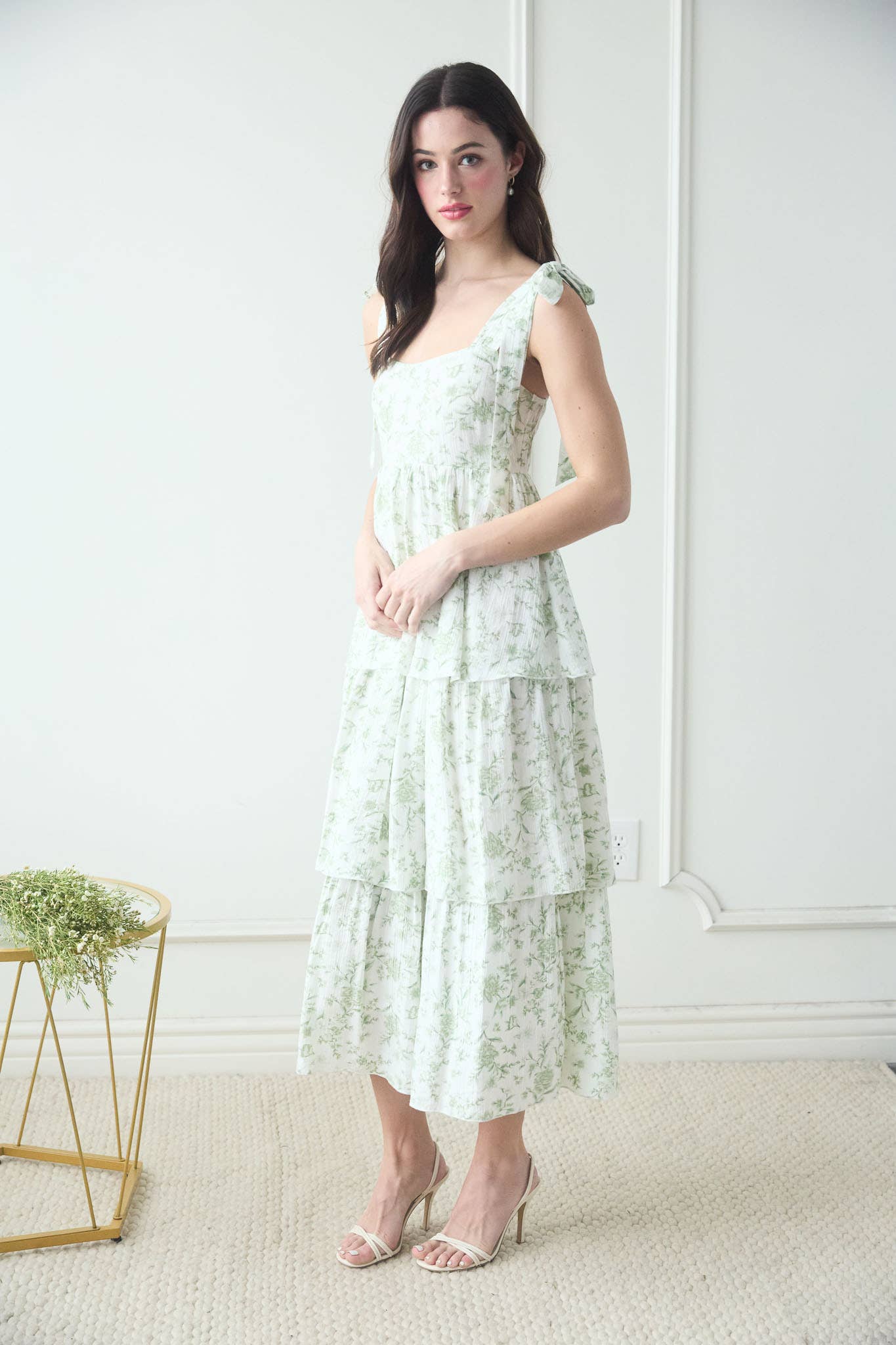 Sage Floral Ruffle Tiered Midi Dress
