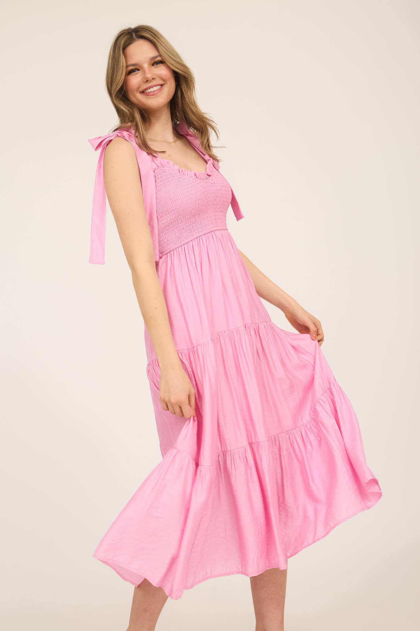 Pink Smocked Ruffle Midi Dress
