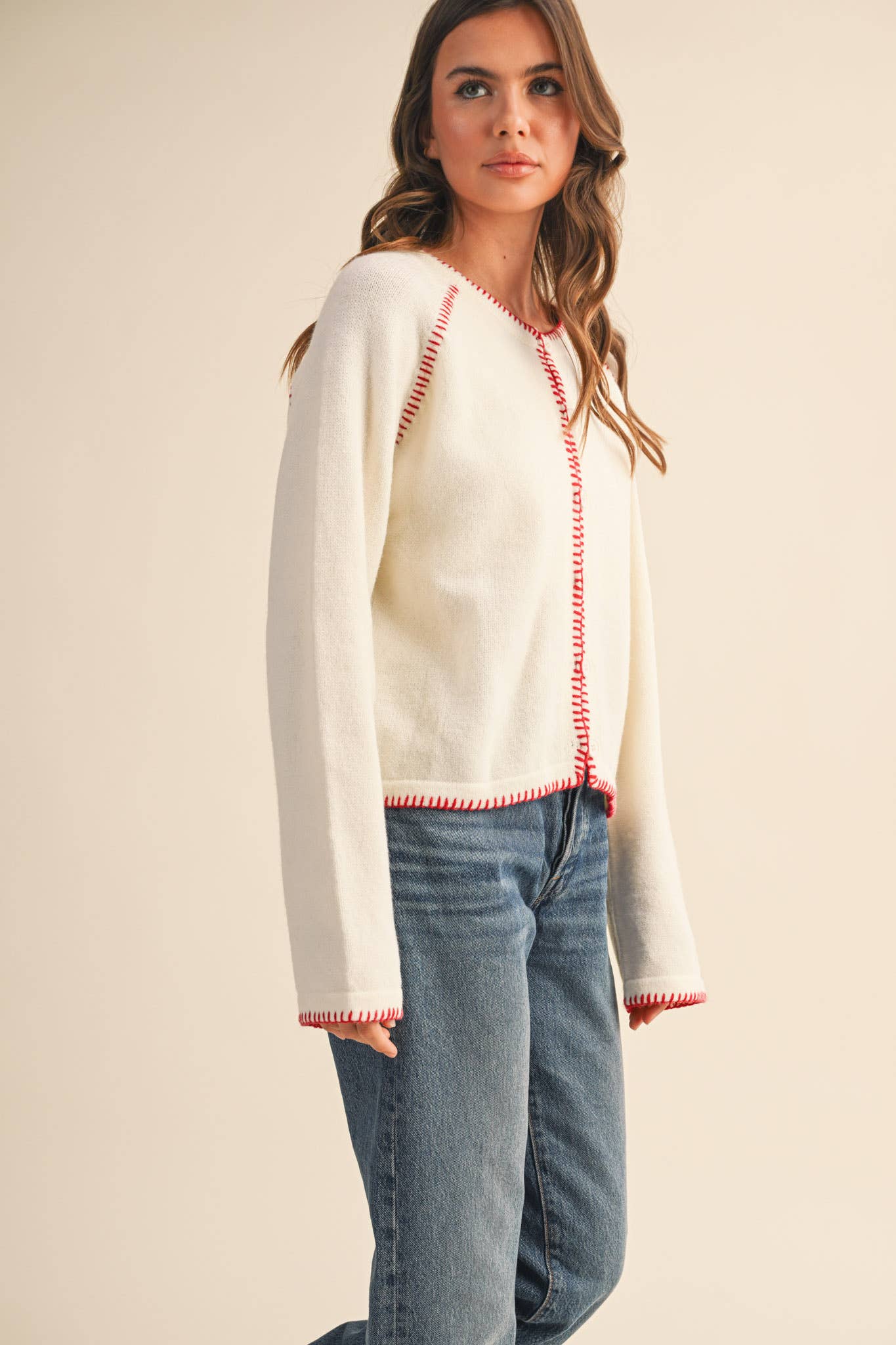 Contrast Blanket Stitch Sweater Cardigan – Ivory + Red