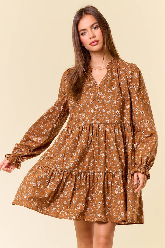 Floral Print Long Sleeve Tiered Mini Dress
