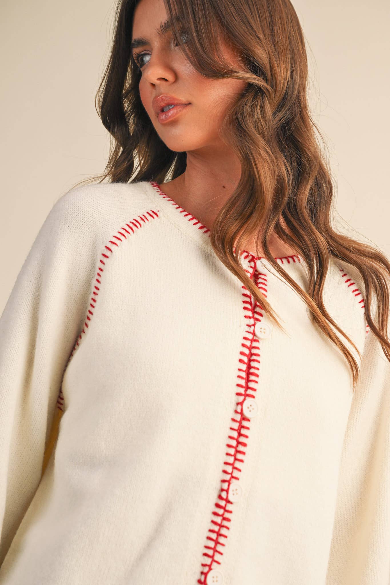 Contrast Blanket Stitch Sweater Cardigan – Ivory + Red