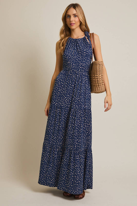 Blue-Ivory Dot Halter Maxi Dress