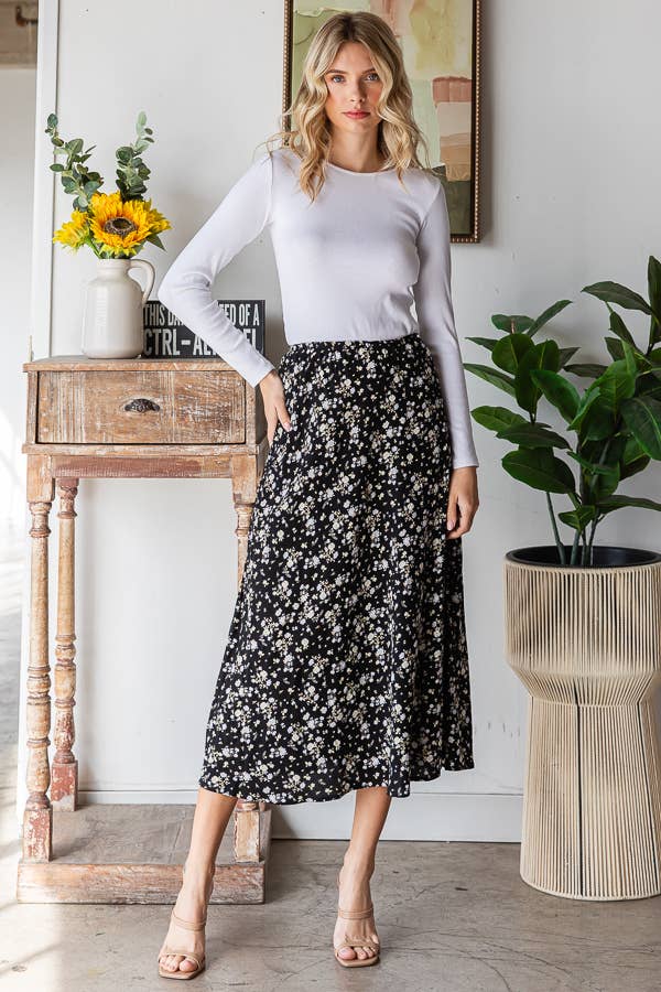 Black Ditsy Floral Midi Skirt