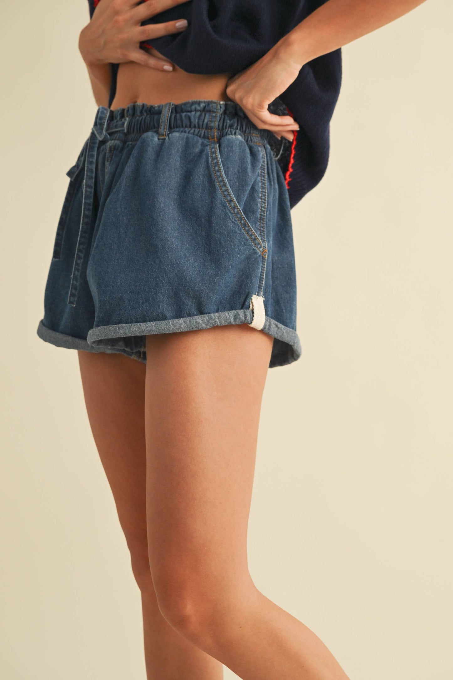 Denim Shorts with Side Contrast Tape