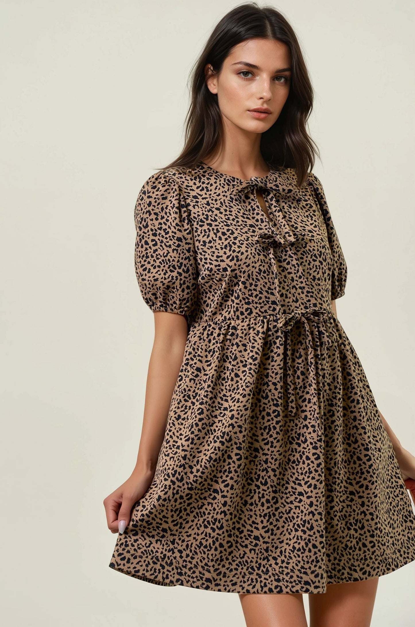 Animal Print Puff Sleeve Bow Tie Front Dress
