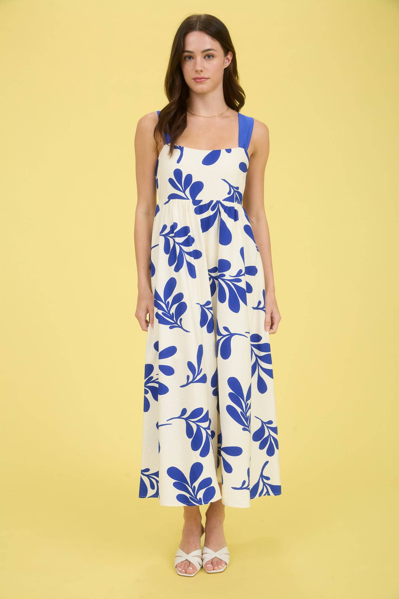 Leaf Print Back Tie Midi Dress