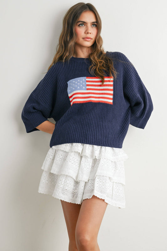 Flag Print Quarter Sleeve Sweater