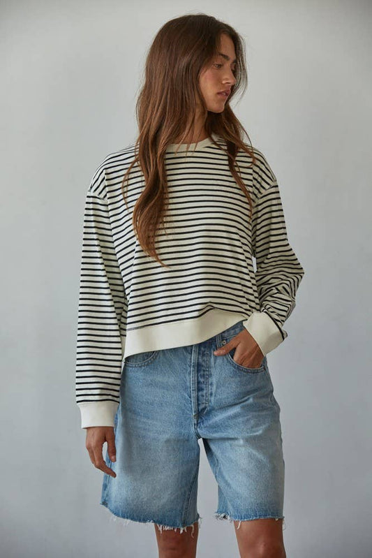 Striped Knit Crew Neck Long Sleeve Top