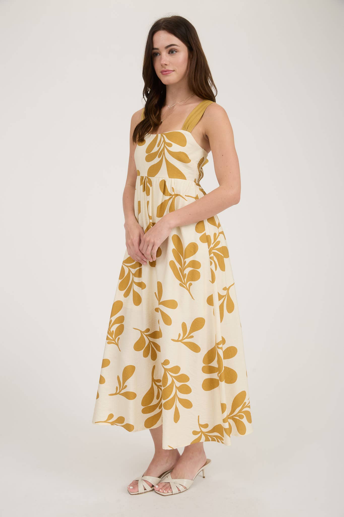 Leaf Print Back Tie Midi Dress