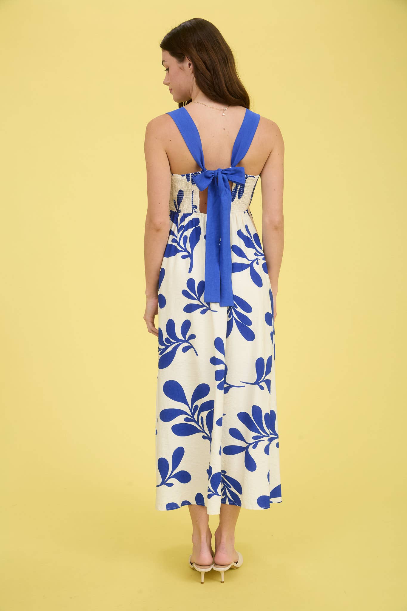 Leaf Print Back Tie Midi Dress