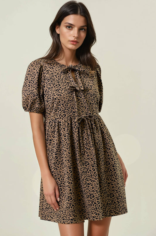 Animal Print Puff Sleeve Bow Tie Front Dress