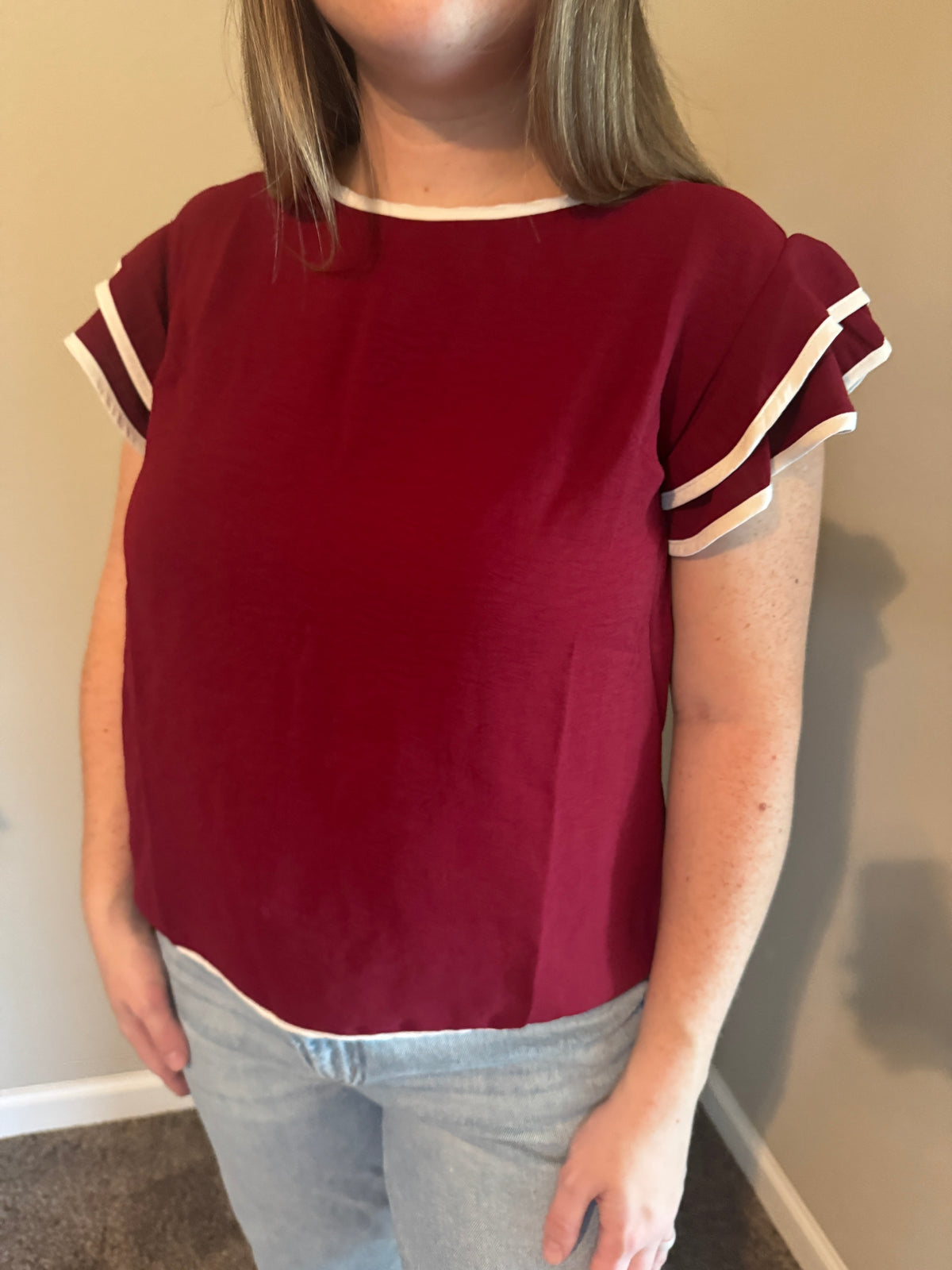 Ruffle Sleeve Contrast Piping Top