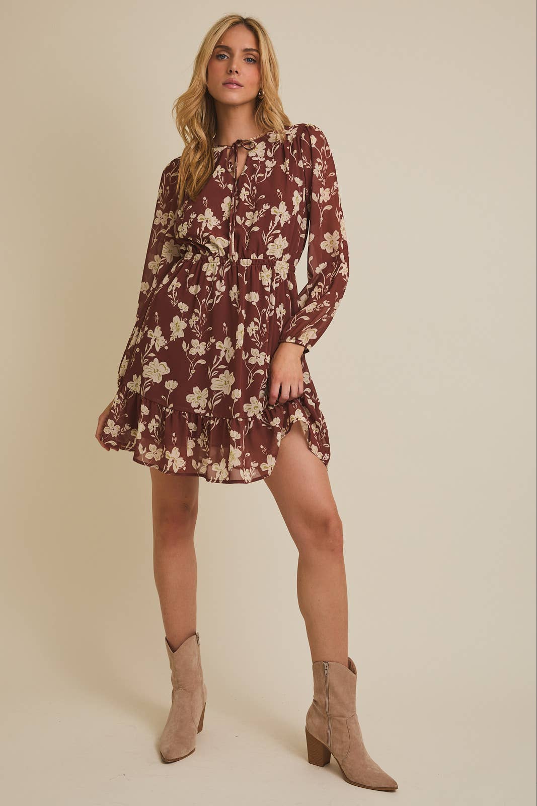 Rust + Cream Floral Front Tie Long Sleeve Dress