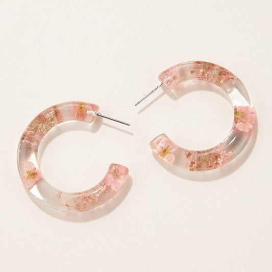 Clear hoop earrings with pink flowers