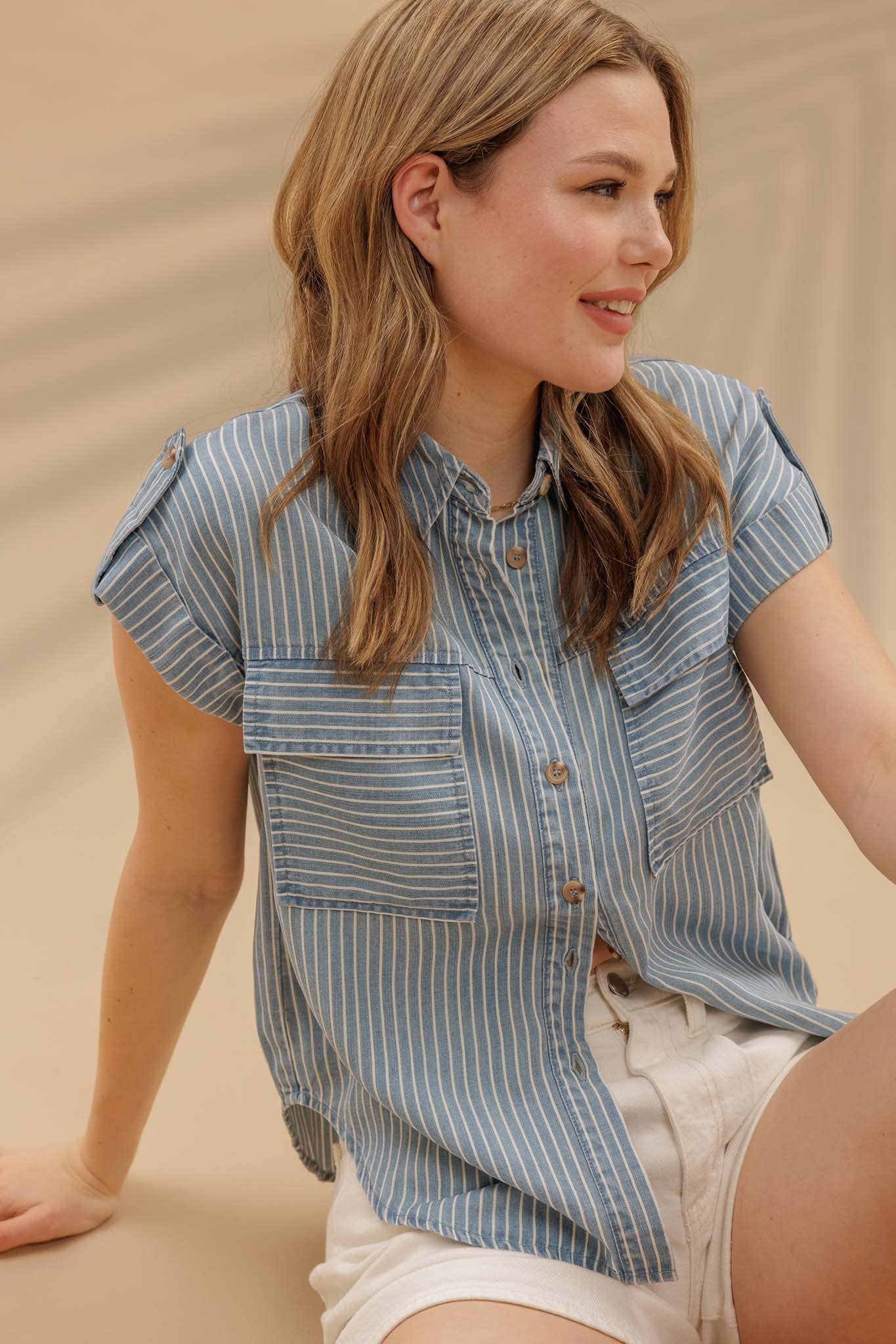 Short sleeve blue with white stripe top from Blu Pepper