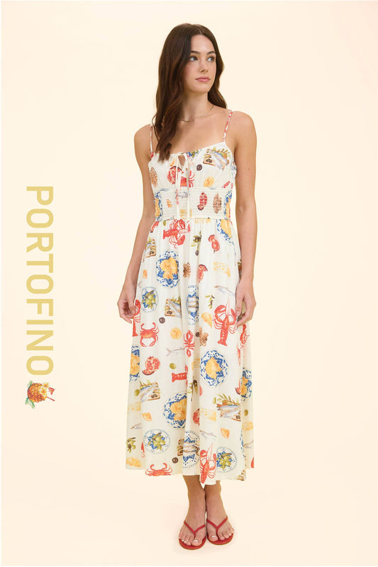 Smocked Midi Dress with Seaside prints like lobsters and crabs.