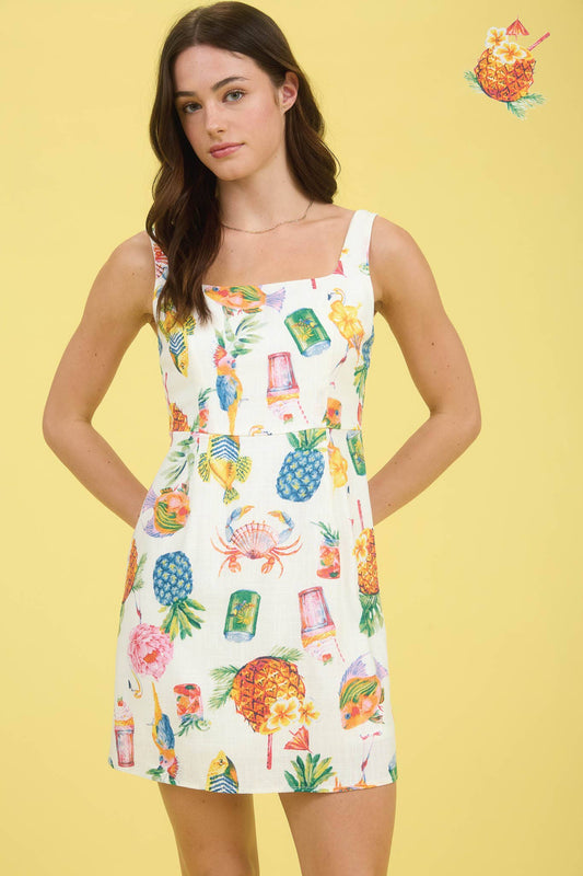 Tropical Summer Print Linen Mini Dress