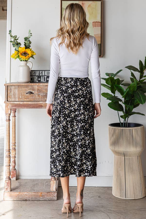 Black Ditsy Floral Midi Skirt