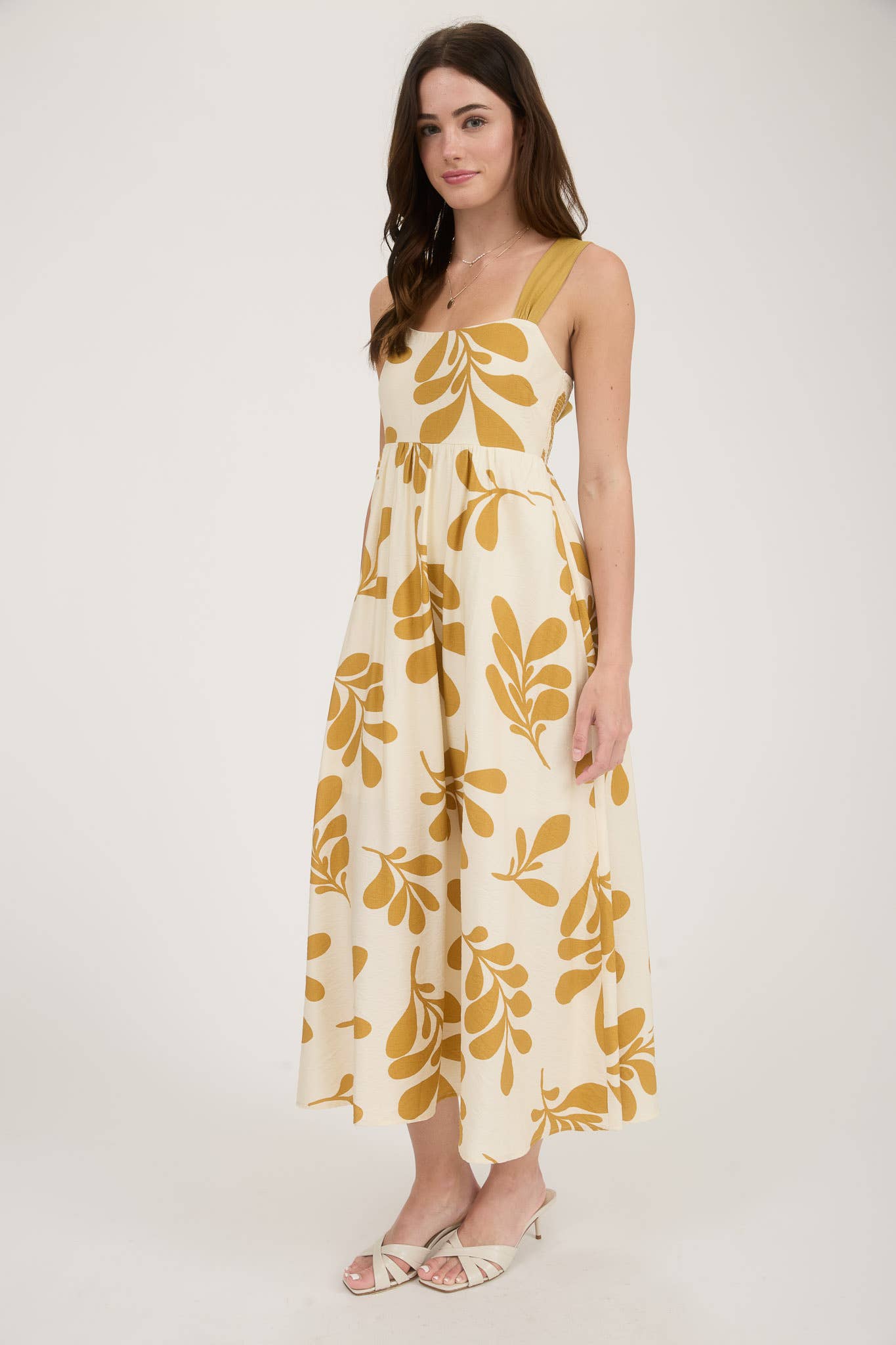Leaf Print Back Tie Midi Dress