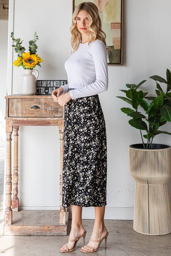 Black Ditsy Floral Midi Skirt