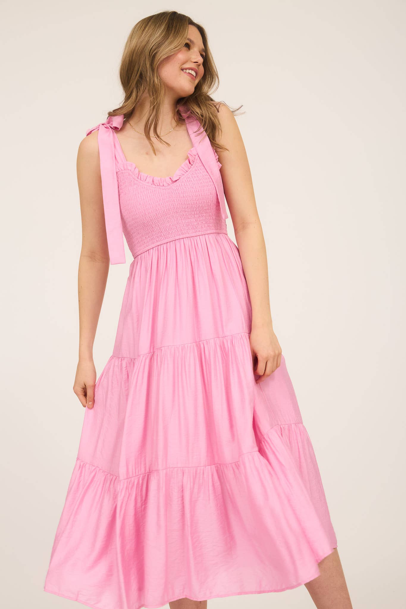 Pink Smocked Ruffle Midi Dress