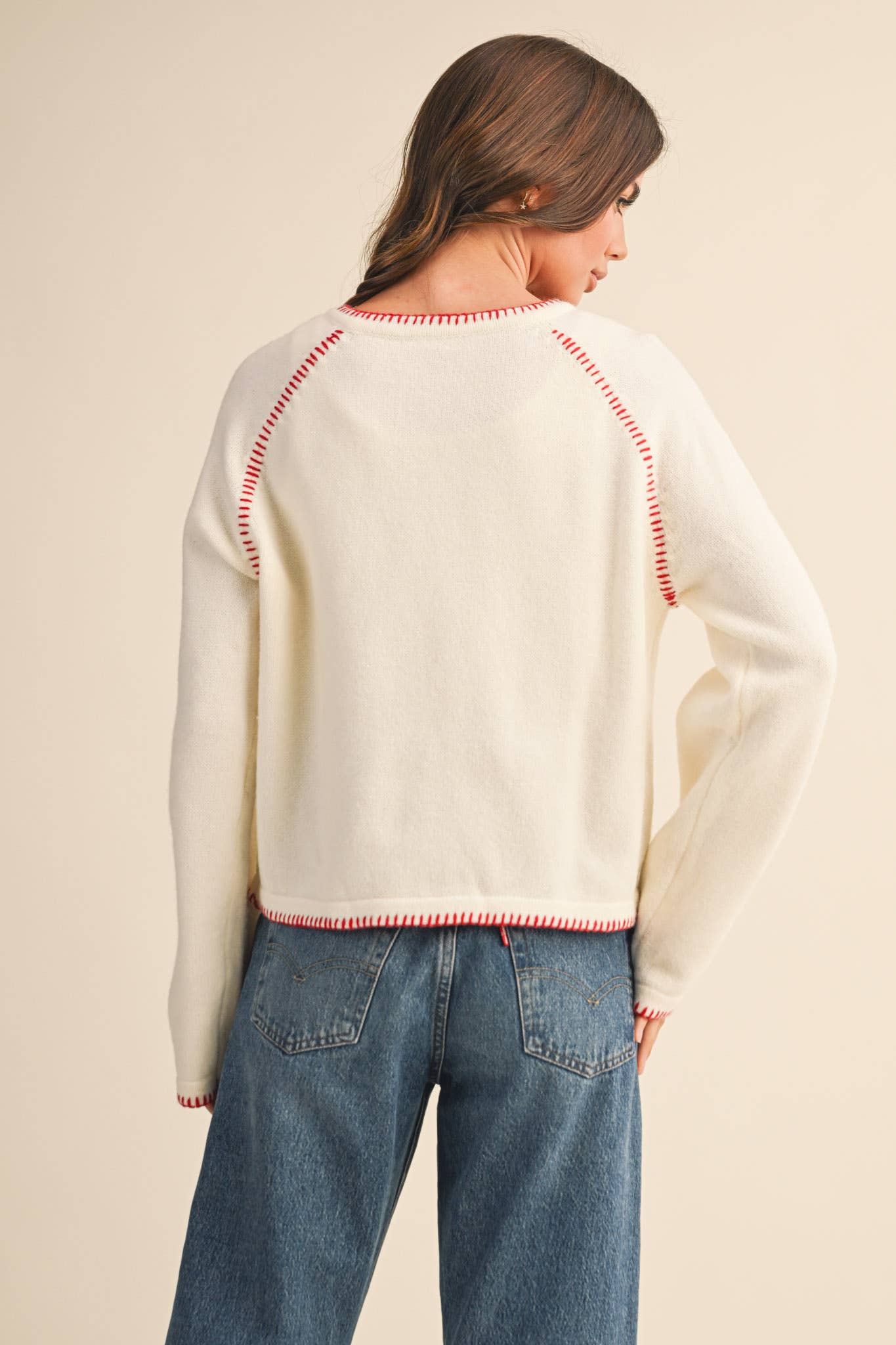 Contrast Blanket Stitch Sweater Cardigan – Ivory + Red