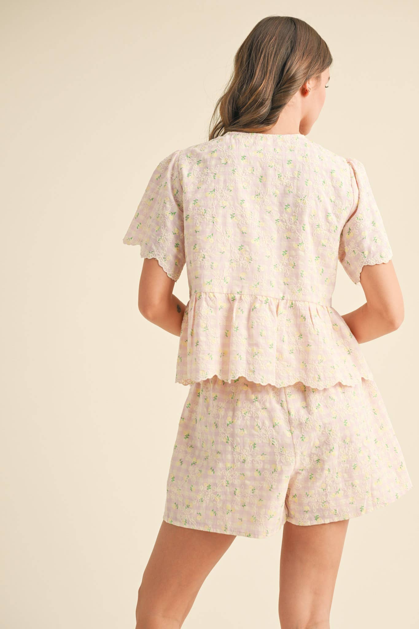 Embroidered Floral Gingham Top & Shorts Set