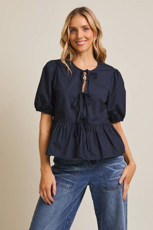 Navy Front Tie Puff Sleeve Blouse