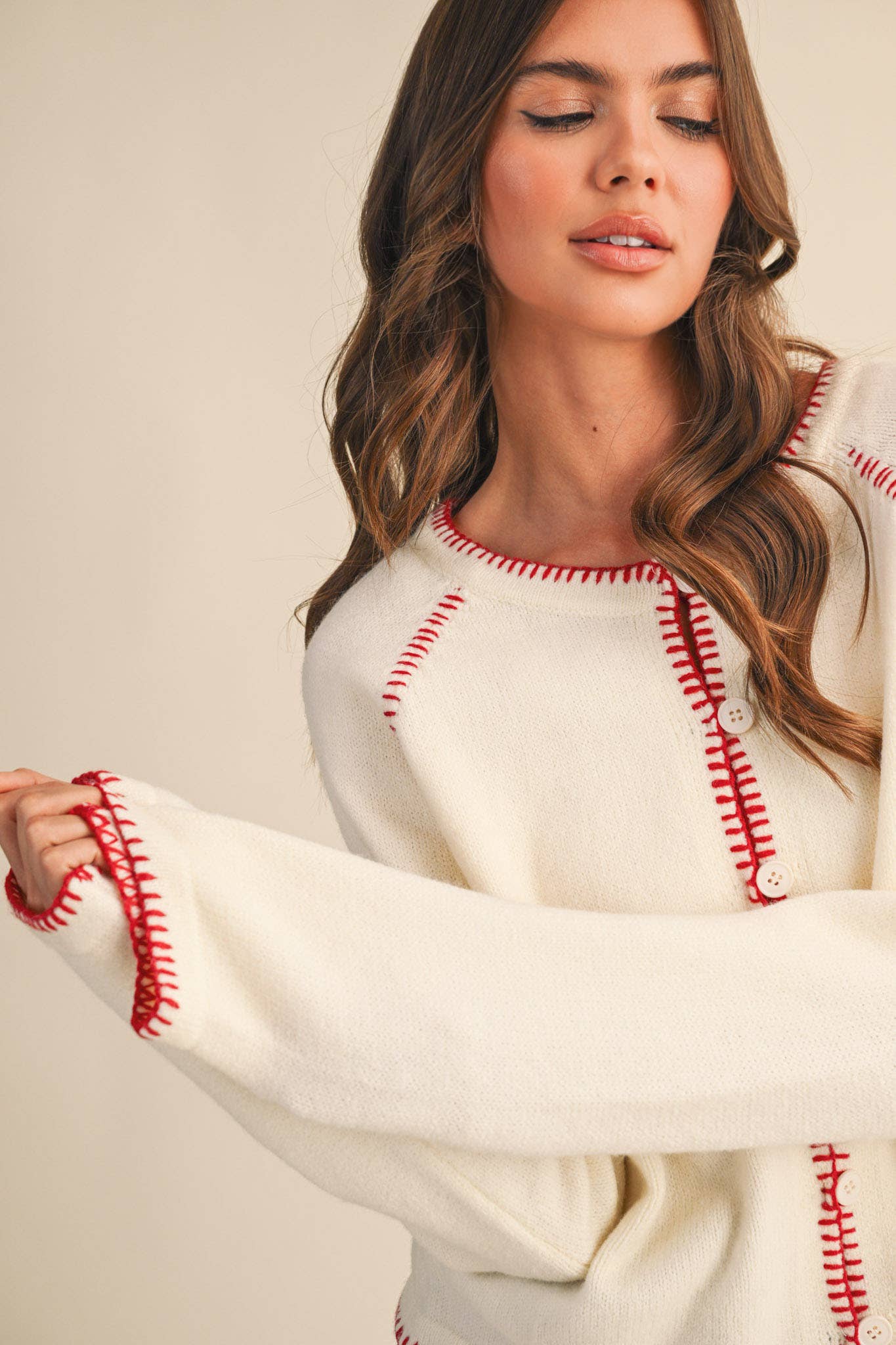 Contrast Blanket Stitch Sweater Cardigan – Ivory + Red
