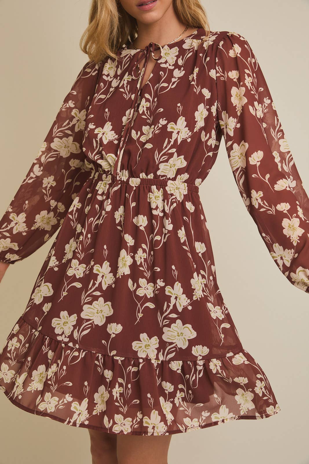 Rust + Cream Floral Front Tie Long Sleeve Dress