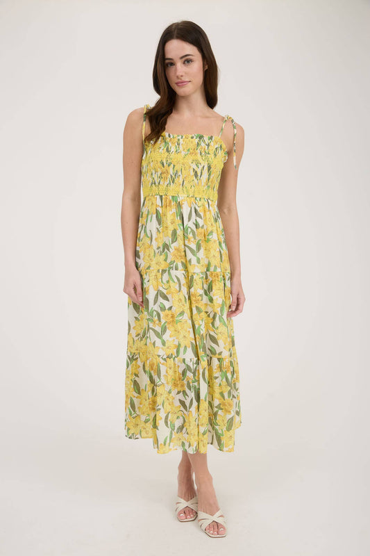 Floral Smocked Spaghetti Tie Tiered Midi Dress – Yellow