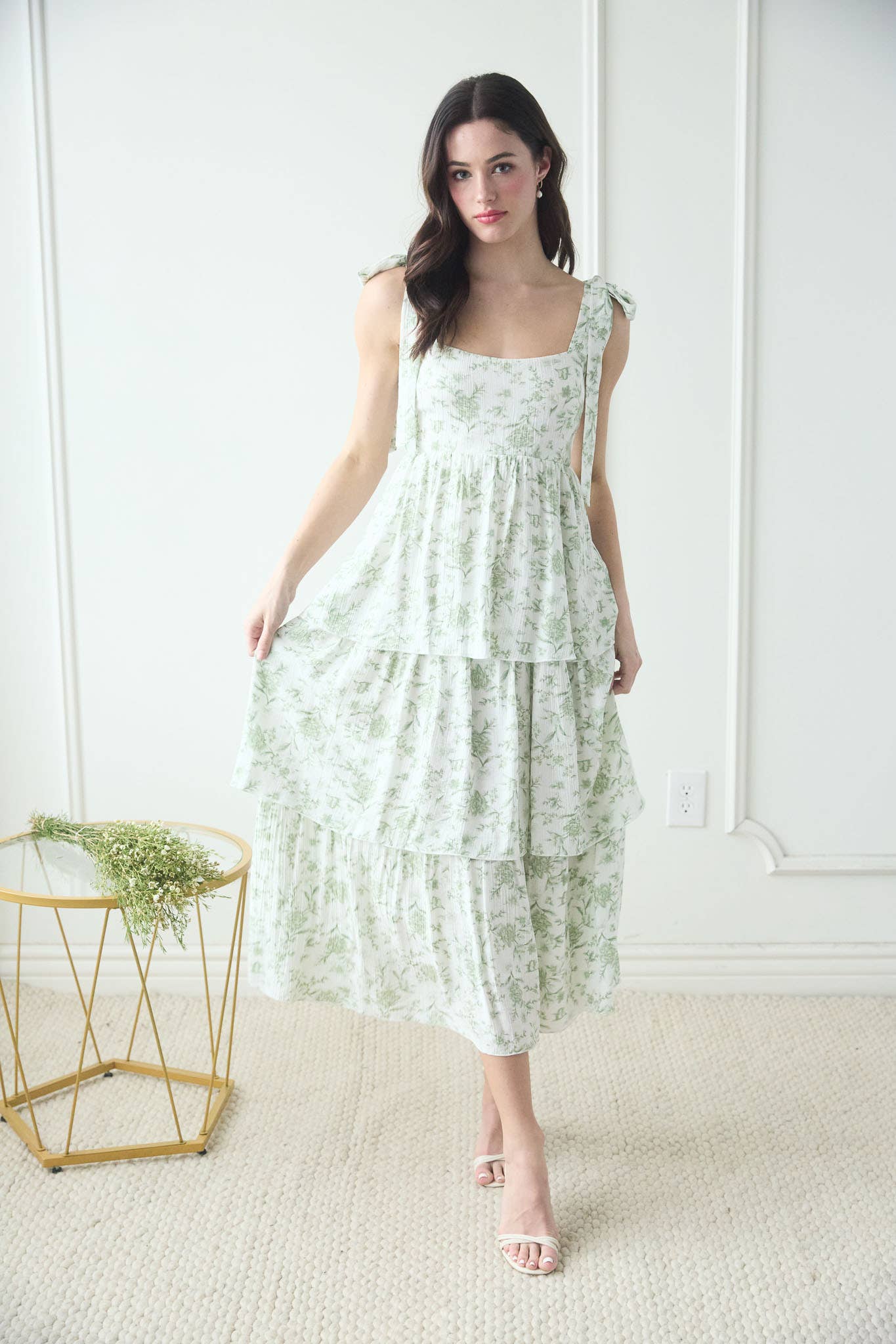 Sage Floral Ruffle Tiered Midi Dress