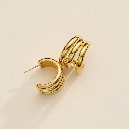 Chunky Triple-Ring Hoop Earrings – 18K Gold Dipped Huggie Hoops