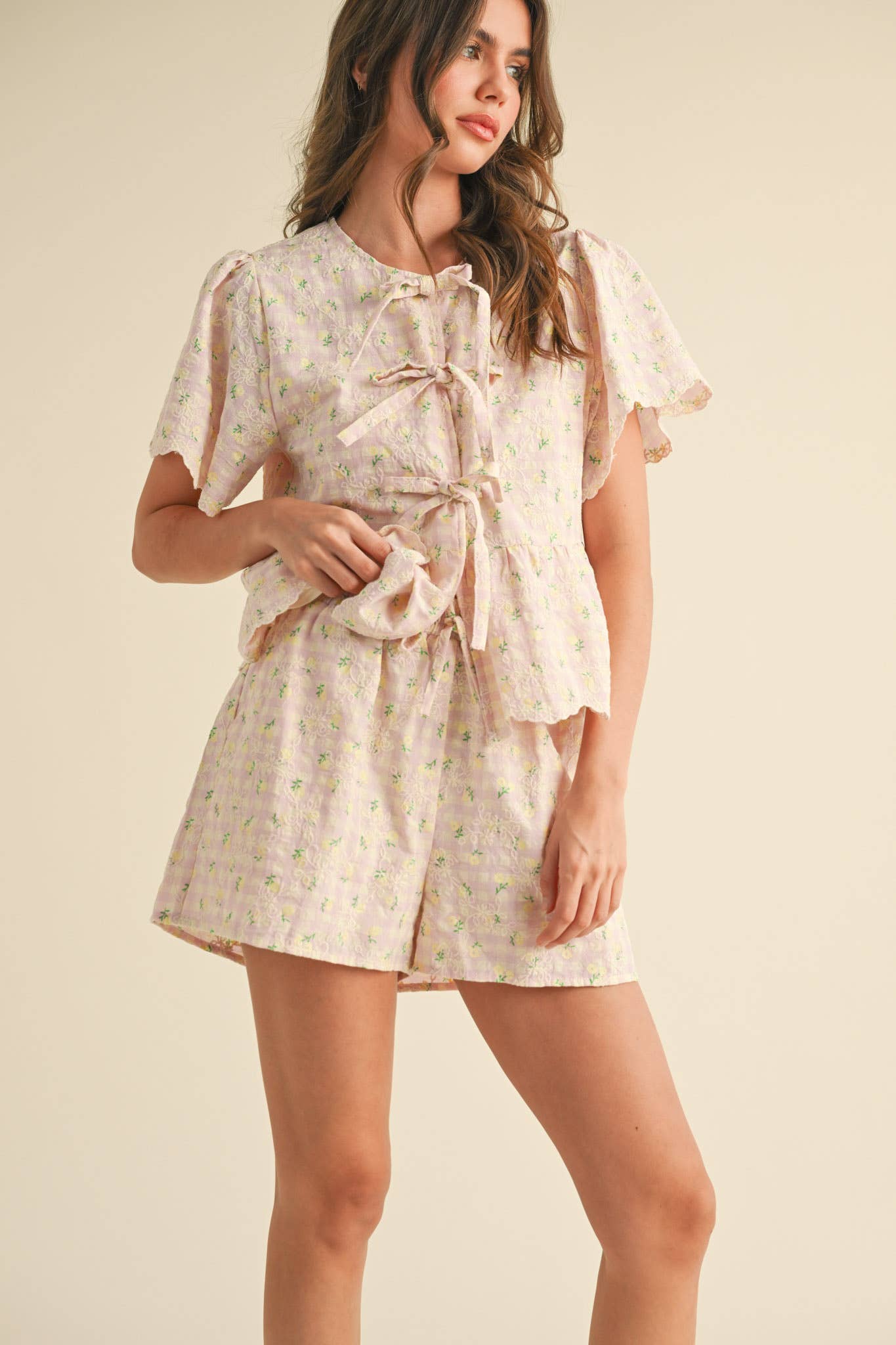 Embroidered Floral Gingham Top & Shorts Set