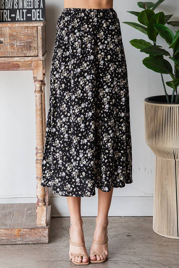 Black Ditsy Floral Midi Skirt