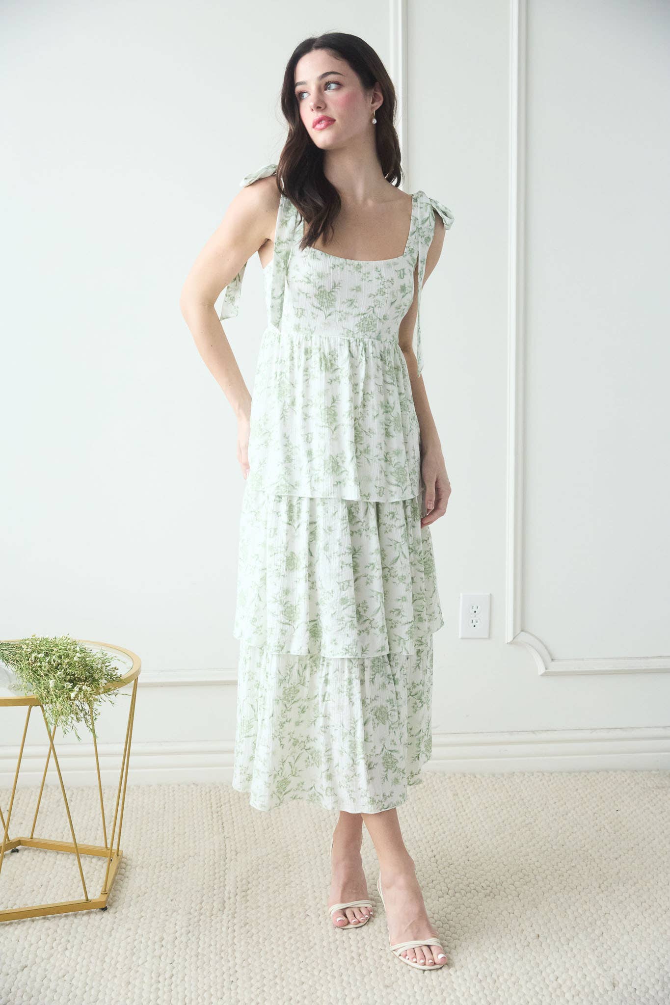 Sage Floral Ruffle Tiered Midi Dress