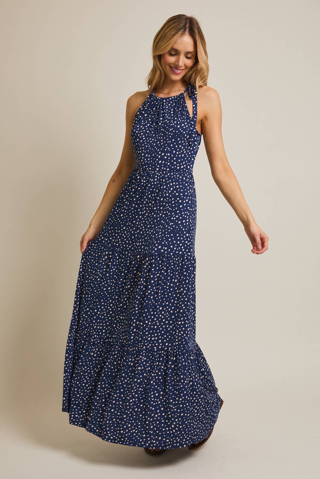Blue-Ivory Dot Halter Maxi Dress