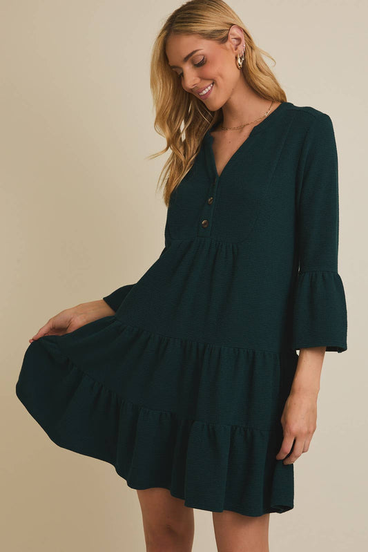 Hunter Green Tiered Button Up Mini Dress